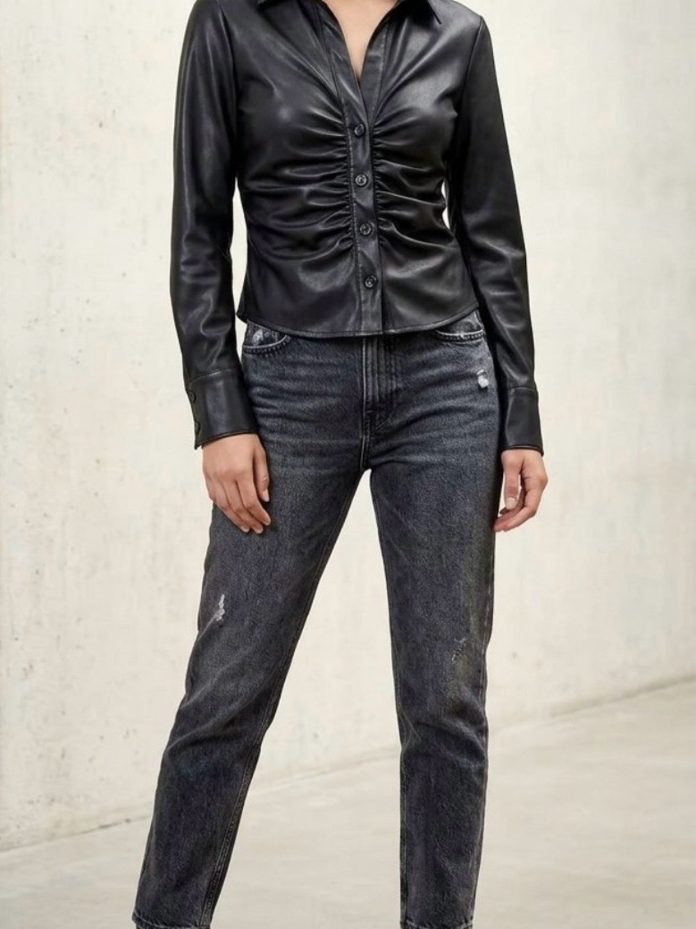 Zara Black Faux-Leather Ruched Button-Front Jacket